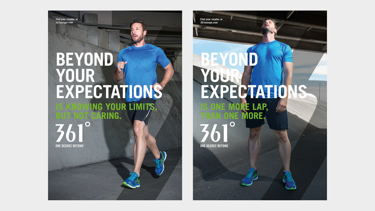 361&deg; Plakate Beyond your expectations junger Mann joggend und ersch&ouml;pft