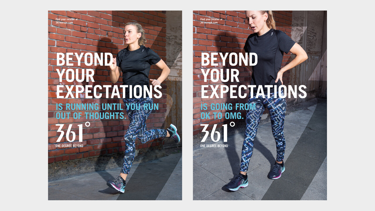 361° Plakate Beyond your expectations junge Frau in Jogging Pants joggend und erschöpft