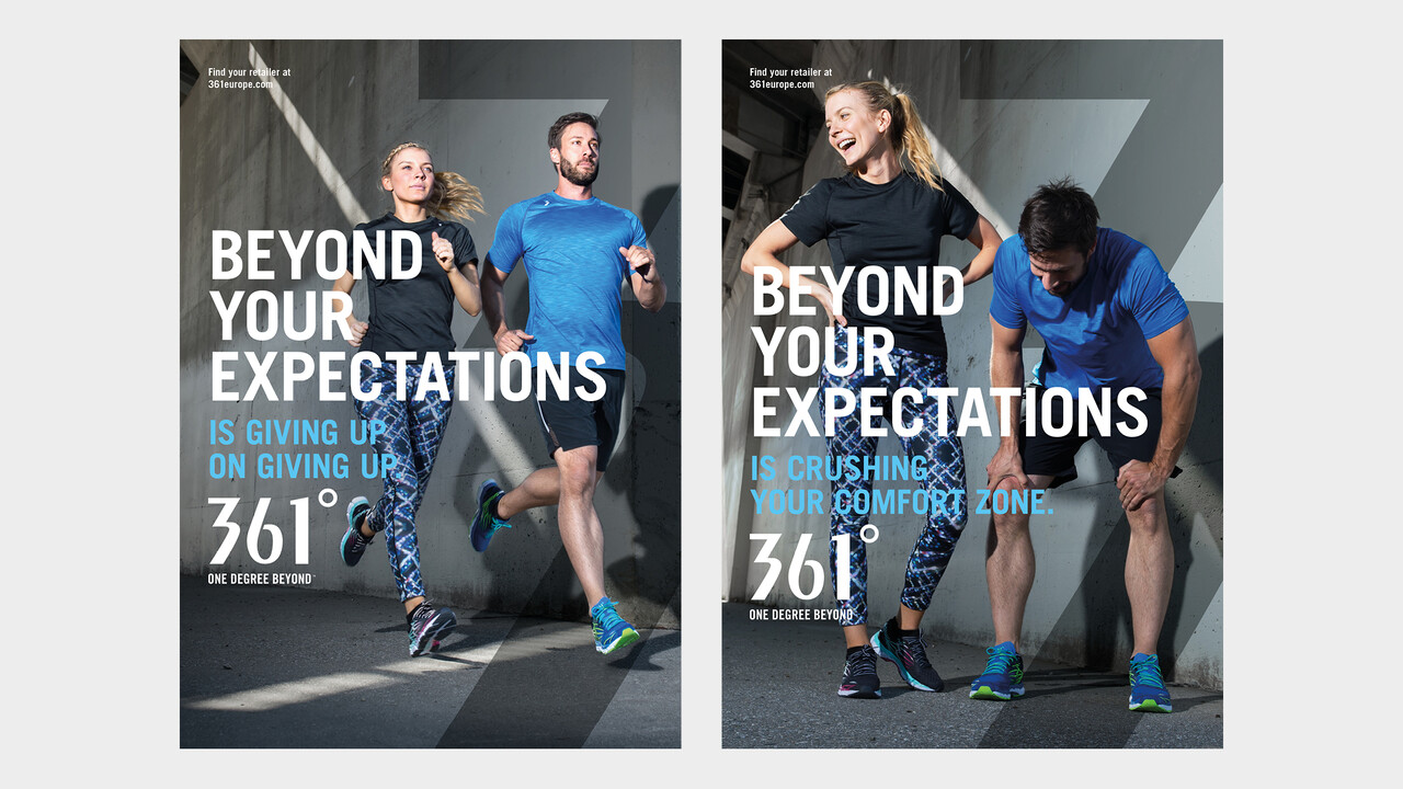361&deg; Plakate Beyond your expectations junge Frau und junger Mann joggend und ersch&ouml;pft