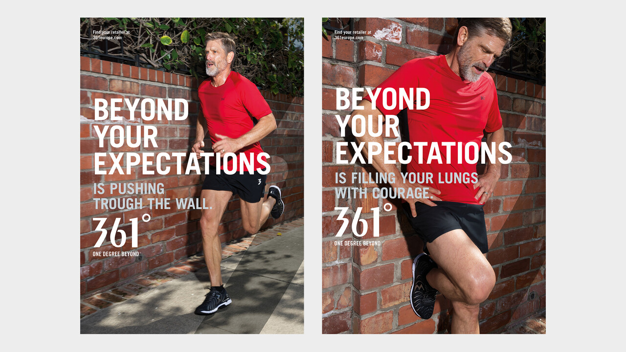 361&deg; Plakate Beyond your expectations aelterer Mann joggend und ersch&ouml;pft an einer Wand lehnend