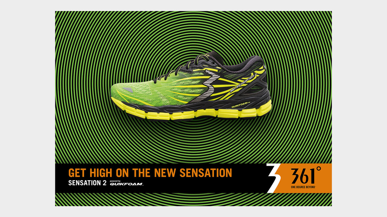 361&deg; Sensation 2 gr&uuml;n-gelber Laufschuh auf gr&uuml;n-schwarzen Kreisen