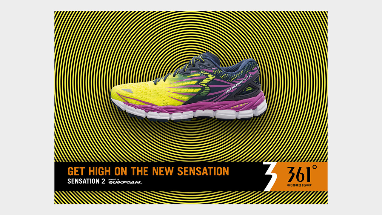 361° Sensation 2 gelb-pinker Laufschuh auf gelb-schwarzen Kreisen
