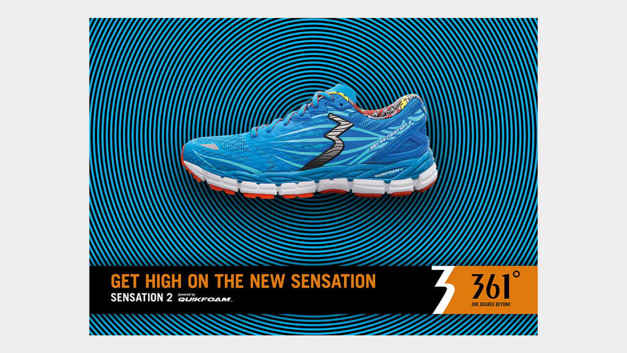 361° Sensation 2 blauer Laufschuh auf blau-schwarzen Kreisen