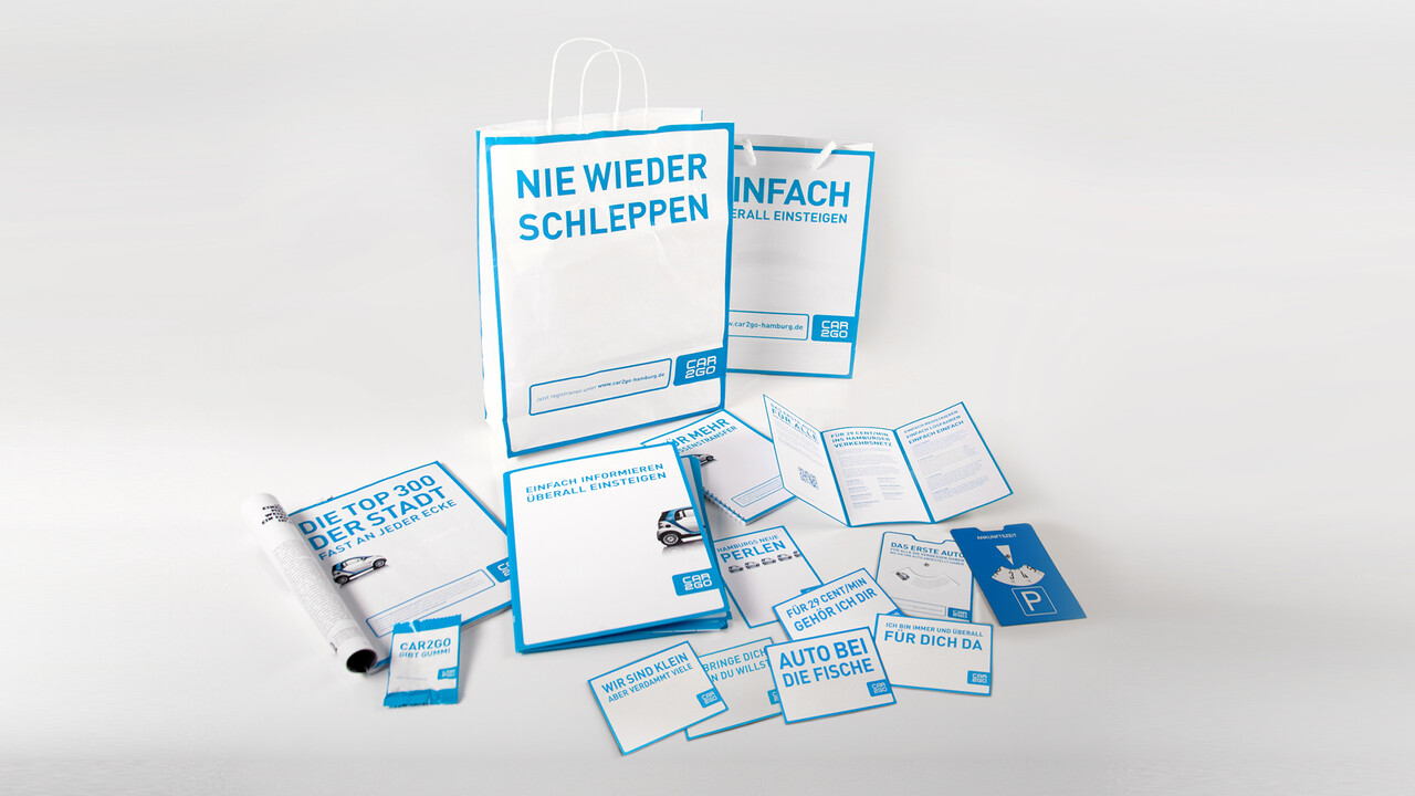car2go Print Promotionmaterial Flyer, Papiertüte, Visitenkarte. Printanzeige