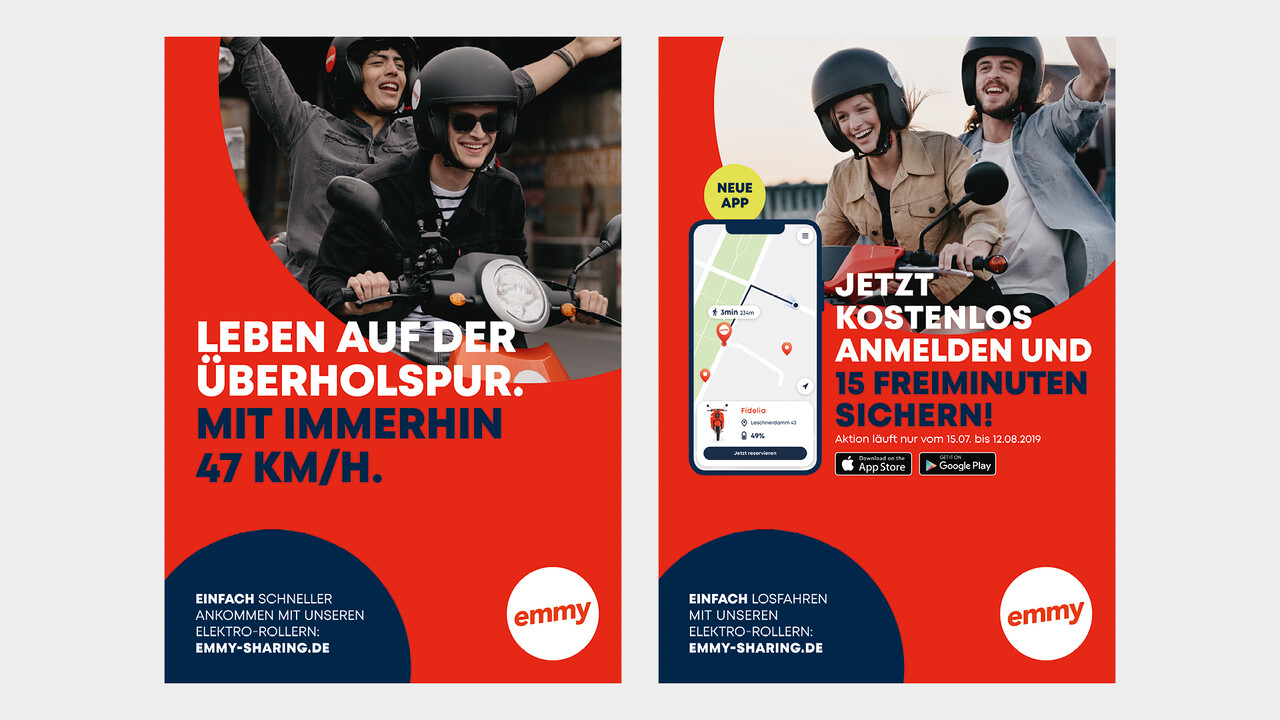 emmy OOH Plakate Leben auf der &Uuml;berholspur. Mit immerhin 47 km/h.