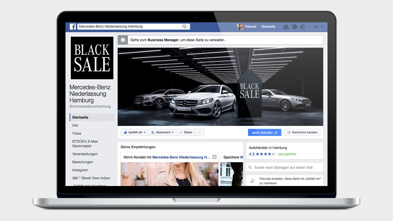 Mercedes Benz Black Sale facebook Page auf einem MacBook
