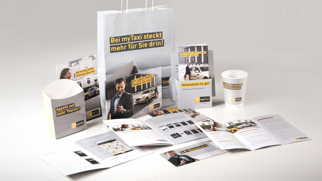 mytaxi Print Unterlagen Papiert&uuml;te, Flyer, Kaffeebecher, Broschueren