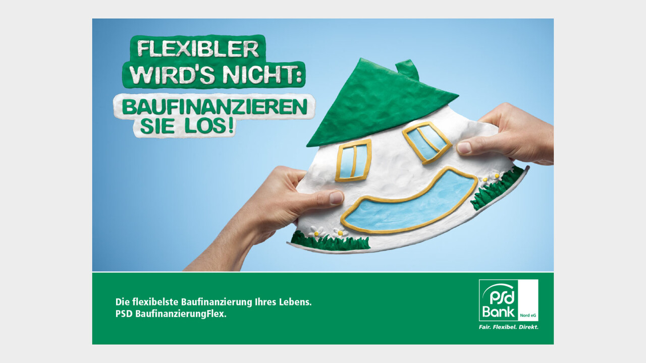 psd Bank Print Anzeige lachendendes Knetgummi Haus Flexibler wird's nicht: Baufinanzieren sie los!