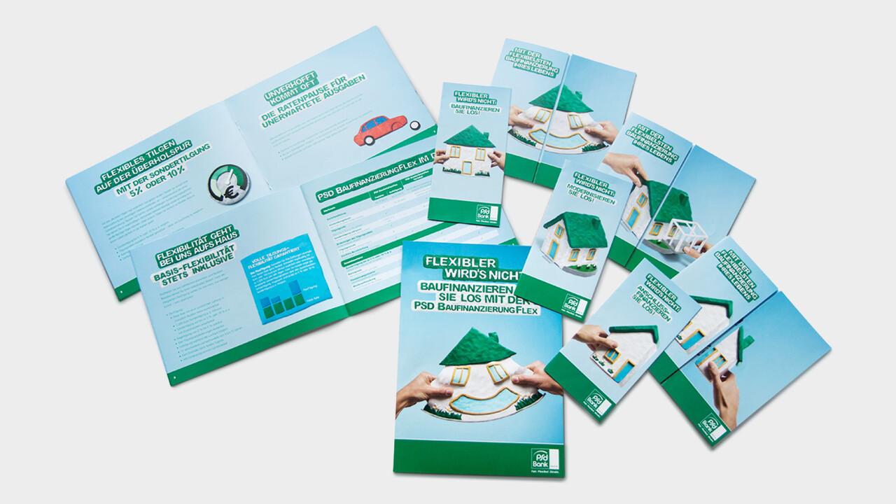 psd Bank Print Unterlagen Flyer, Brosch&uuml;ren lachendendes Knetgummi Haus flexibel Bausparen