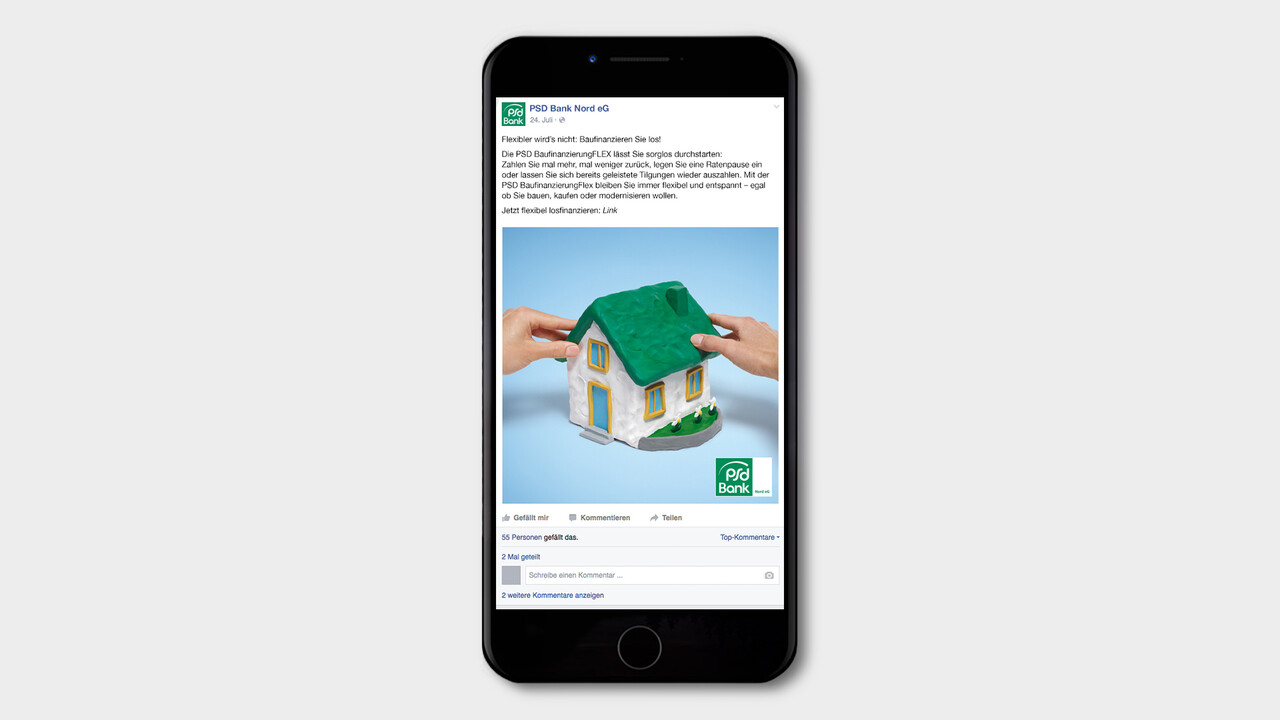 psd Bank Social Posting zwei Händenformen ein Haus aus Knetgummi