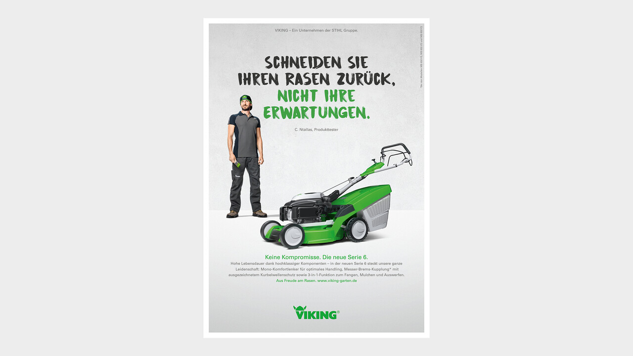 VIKING Print Anzeige Schneiden Sie Ihren Rasen zur&uuml;ck, nicht Ihre Erwartungen.